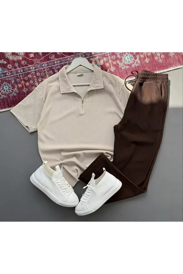 Yeni Sezon Premium Kumaş Fitilli Ottoman Yazlık Fermuarlı T-shirt ve Eşofman Altı 2'li Takım